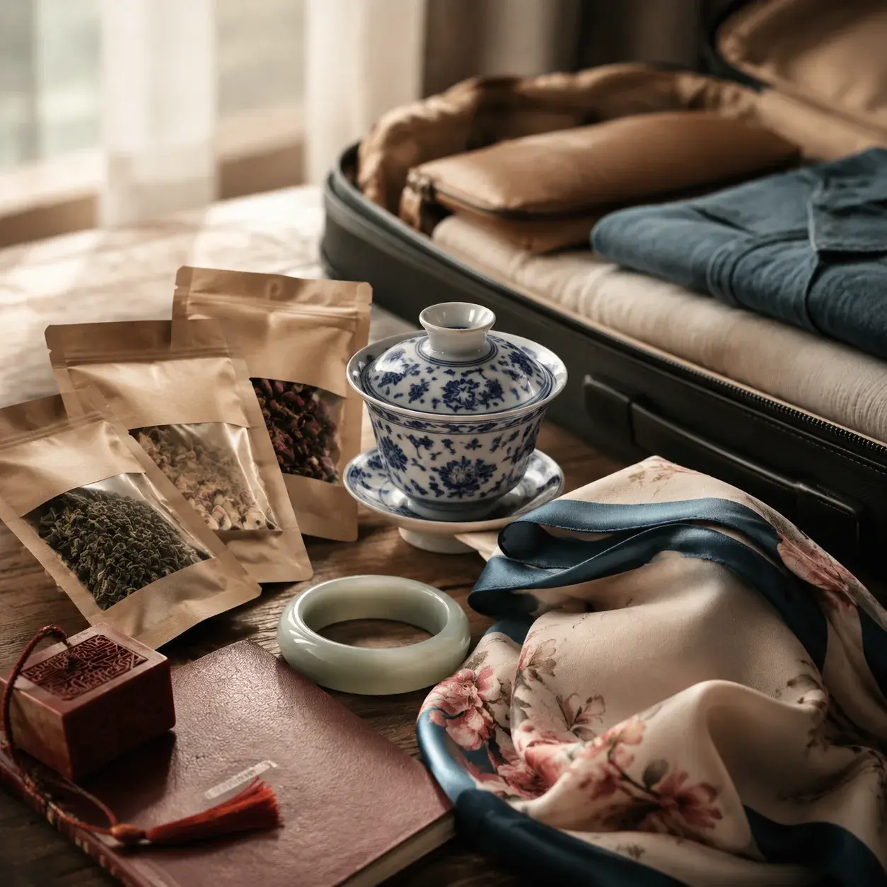 An elegant arrangement of Chinese souvenirs including tea, jade, silk, porcelain, and a carved seal beside an open suitcase.
