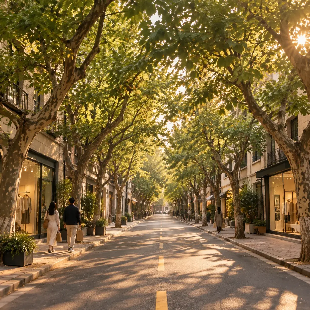 A plane-tree lined shopping street in Shanghai's former French Concession.