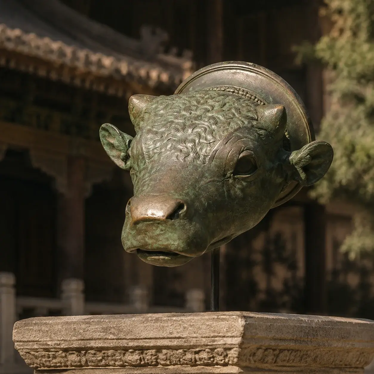 Bronze zodiac animal head sculpture on a stone plinth in China